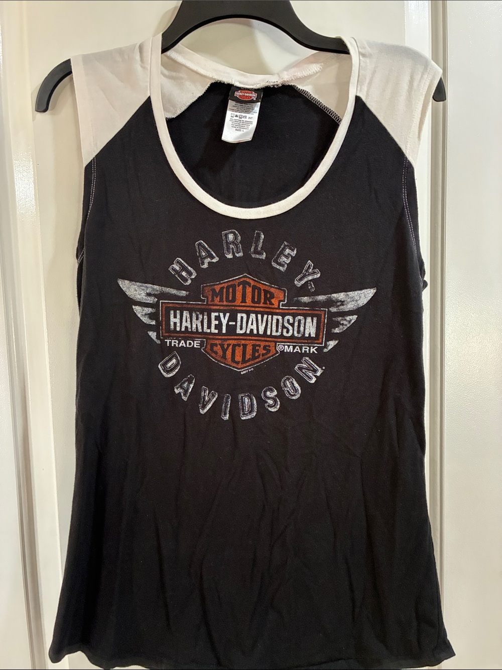 Harley-Davidson Black Tank with White Shoulder Panels and Orange Logo